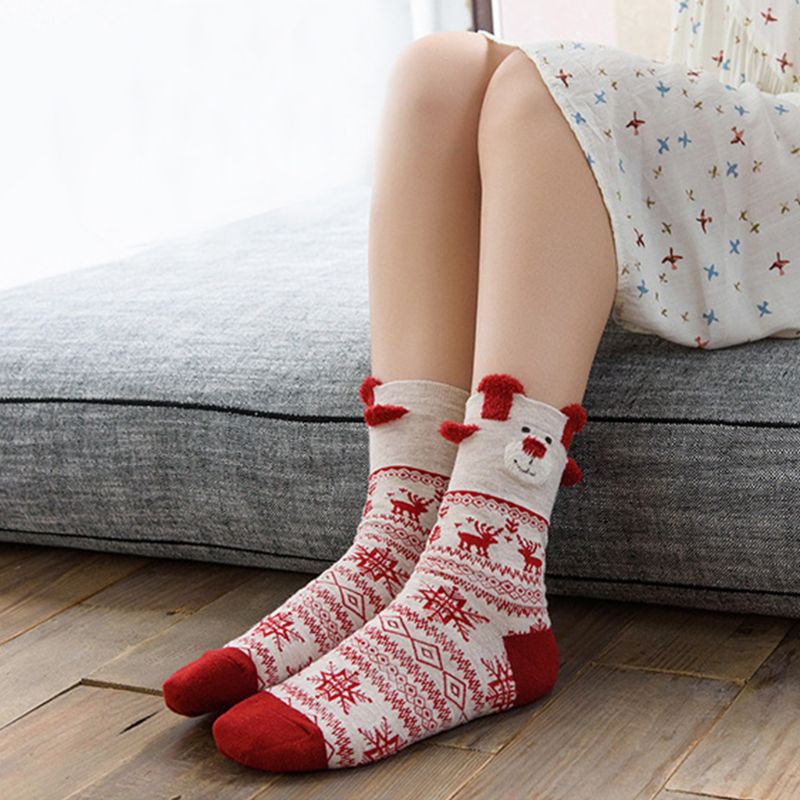 Vớ Cotton Cổ Cao In Họa Tiết Tuần Lộc 3D Nhiều Màu Giữ Ấm Co Giãn Thời Trang Cho Nữ