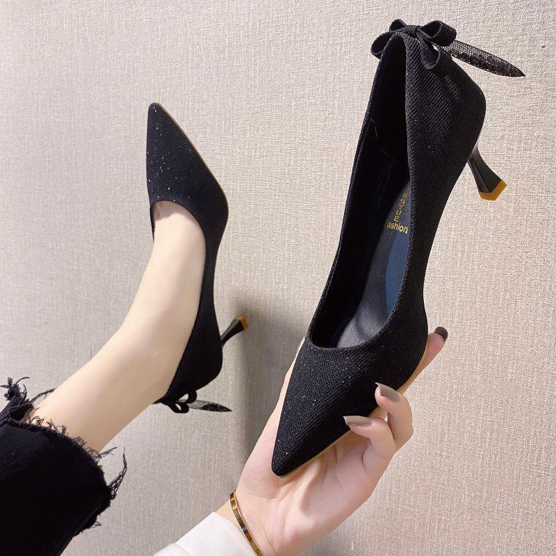 ♝Single shoes female autumn new style temperament bow mid-heel stiletto high heels fairy women s wedding bridesmaid