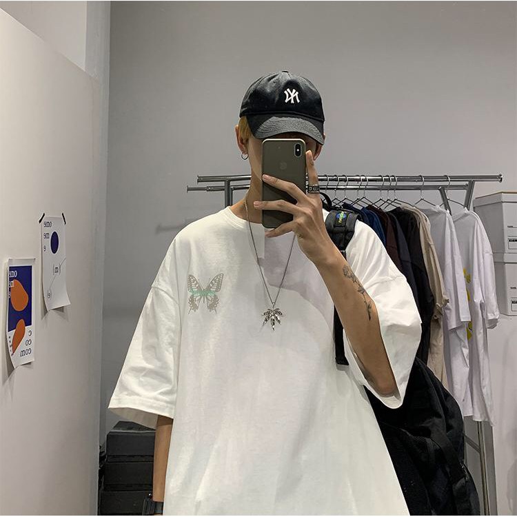 ÁO THUN UNISEX TAY LỠ HOẠ TIẾT BƯỚM TRẮNG ĐEN FORM TO