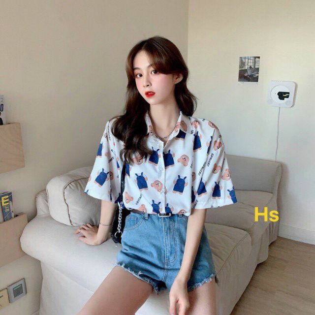 Áo Sơ Mi Nữ Ngắn Tay Gấu Mặc Yếm Freesize Siêu Xinh Unisex 🦋 Áo Somi Nữ Ngắn Tay Dáng Rộng&lt;br&gt;