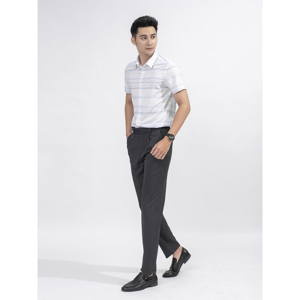 Áo Sơ Mi Nam Tay Ngắn Aristino ASS050S9 Màu Trắng Kẻ Ngang Chấm Xanh Dáng Slim Fit Tà Lượn Vải Sợi Sồi