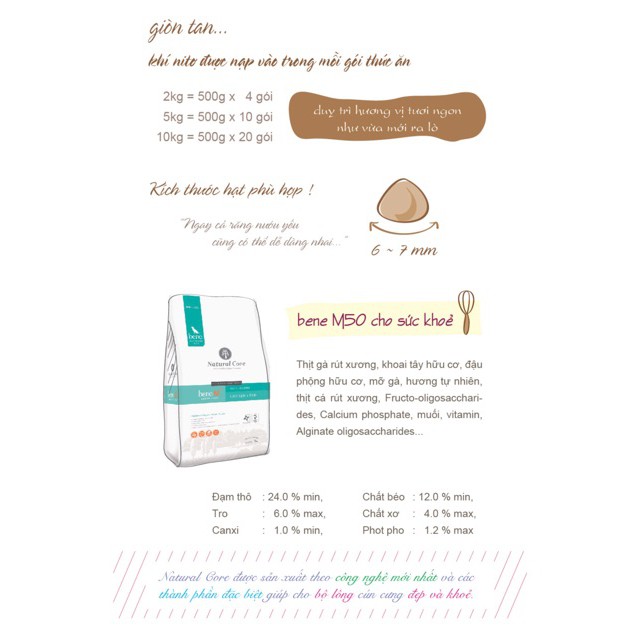 10kg THỨC ĂN NATURAL CORE BENE CHO CHÓ THỊT GÀ & CÁ HỒI hữu cơ tốt cho sức khỏe thích hợp vs mọi giống chó, mọi lứa tuổi