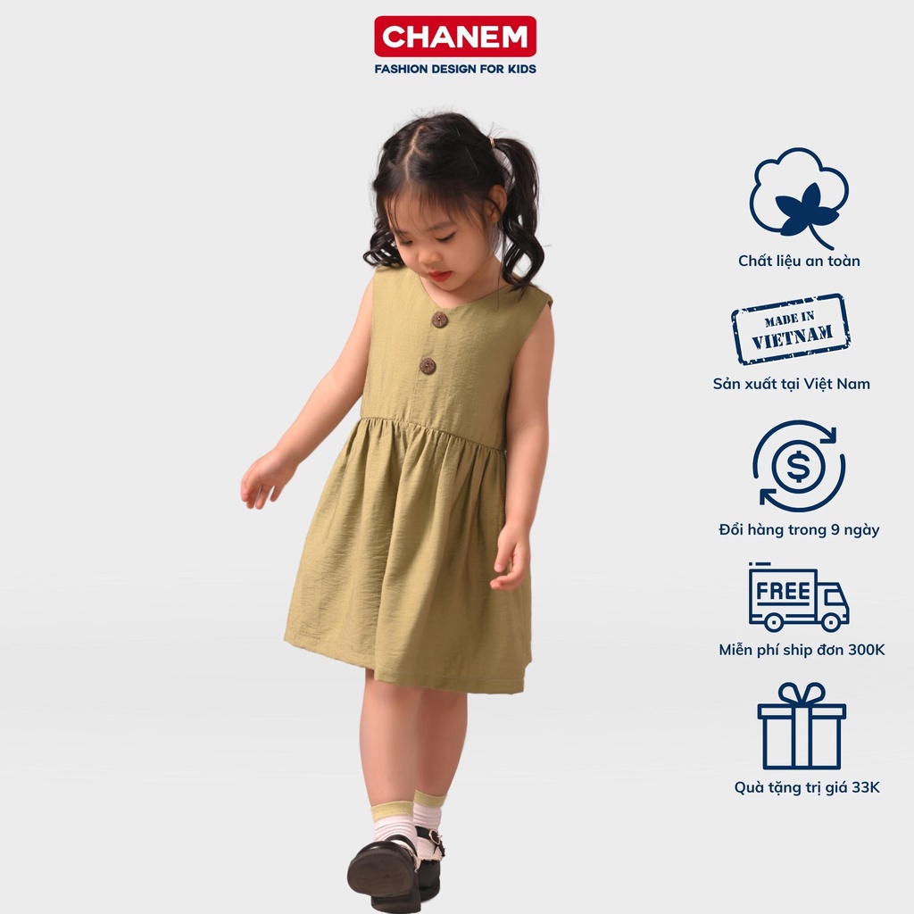 Váy cổ vuông xanh bơ phối cúc CERI DRESS chất đũi tằm cao cấp, mềm mại - Đầm cho bé gái CHANEM - Fashion Design For Kids