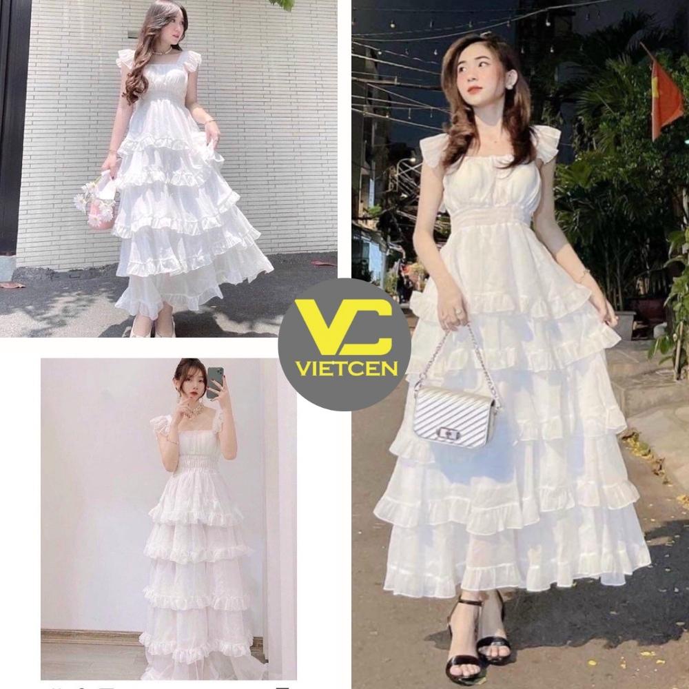 Váy Maxi Trắng Đi Biển 2 Dây Nữ Đầm Dáng Xòe Nhiều Tầng Cánh Tiên Tiểu Thư Có Đệm Ngực Vintage Dự Tiệc Đẹp - VIETCEN
