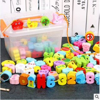 [106 chi tiết] Đồ chơi xâu hạt gỗ [Bộ ghép hình - Thả hình - Xếp hình - Bộ xếp hình cho bé - Xâu chuỗi số - Xâu chữ]