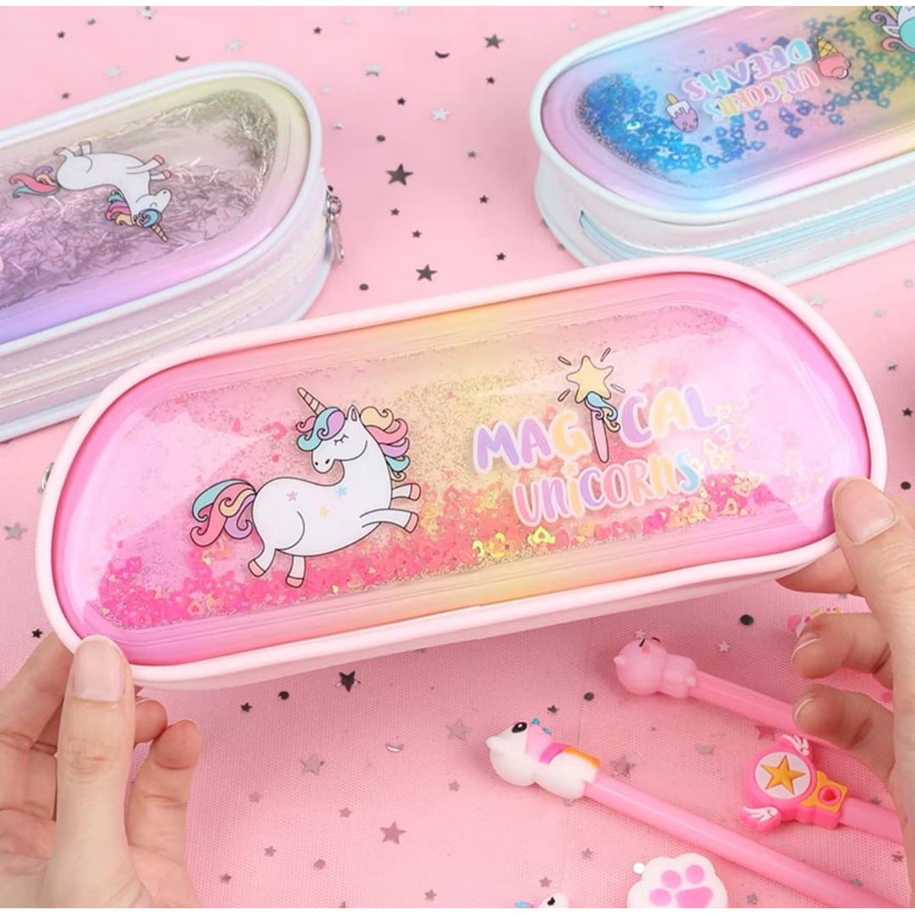 Hộp bút kim tuyến nhũ chảy hình ngựa pony xinh xắn cute cho bé mang đi học phong cách hàn quốc