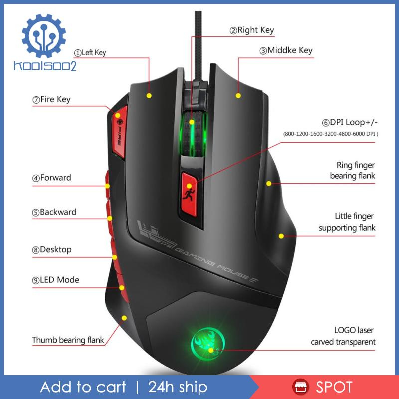 [KOOLSOO2]9Buttons USB Wired Gaming Mouse Adjustable 800~6000 DPI LED Light Mice Black