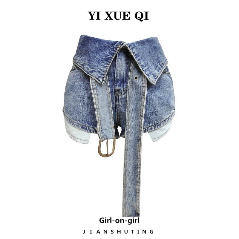 Quần Short Denim Lưng Cao Giả Hai Lớp Phong Cách Mỹ Thời Trang Mùa Hè Cho Nữ