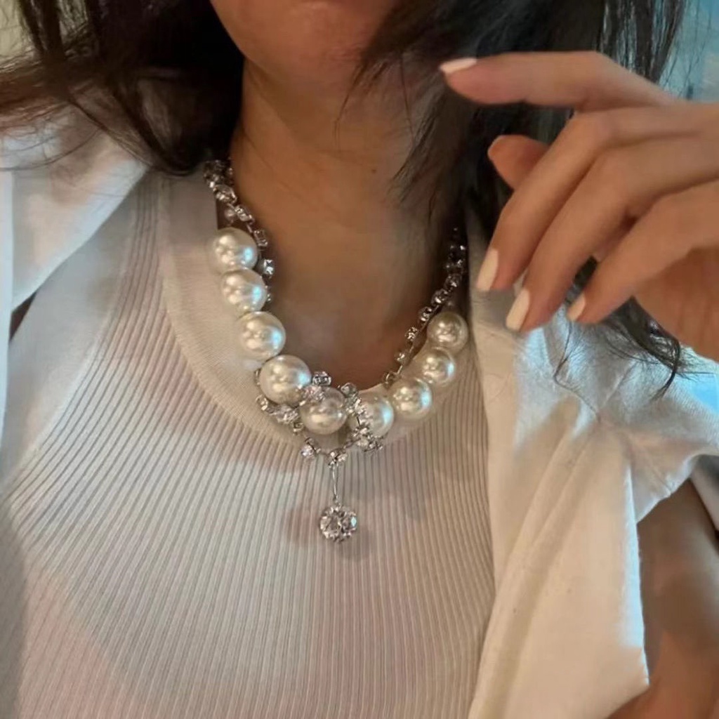 Dây Chuyền Hai Lớp Đính Hạt Ngọc Trai Nhân Tạo Và Đá Kim Cương Toàn Diện Phong Cách Sang Trọng Hợp Thời Trang
