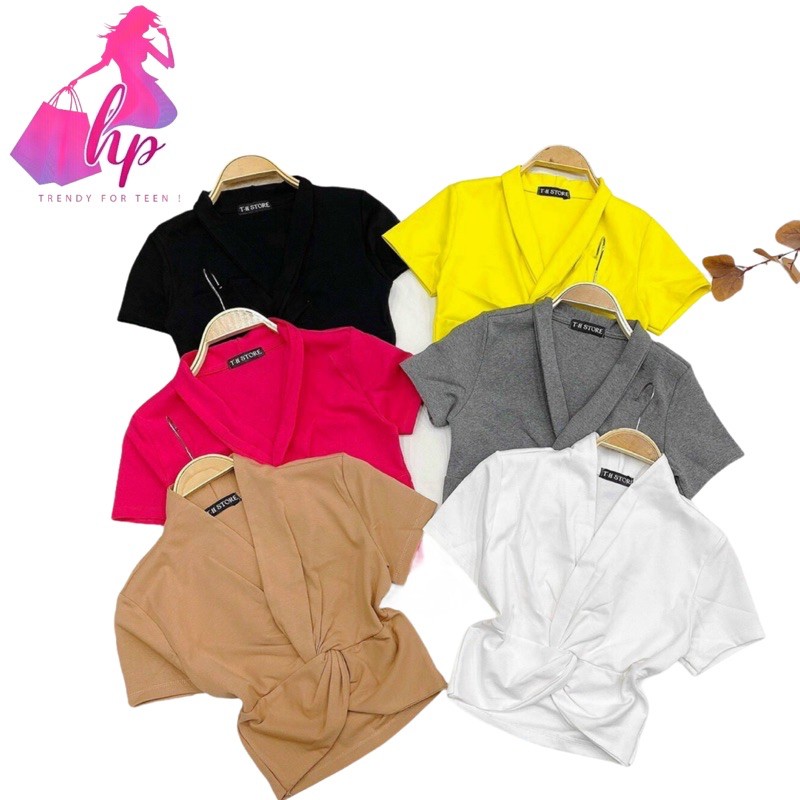 Áo kiểu croptop nữ đẹp ôm body tay ngắn cổ V chéo ngực cực dễ thương mẫu mới thời trang 2021