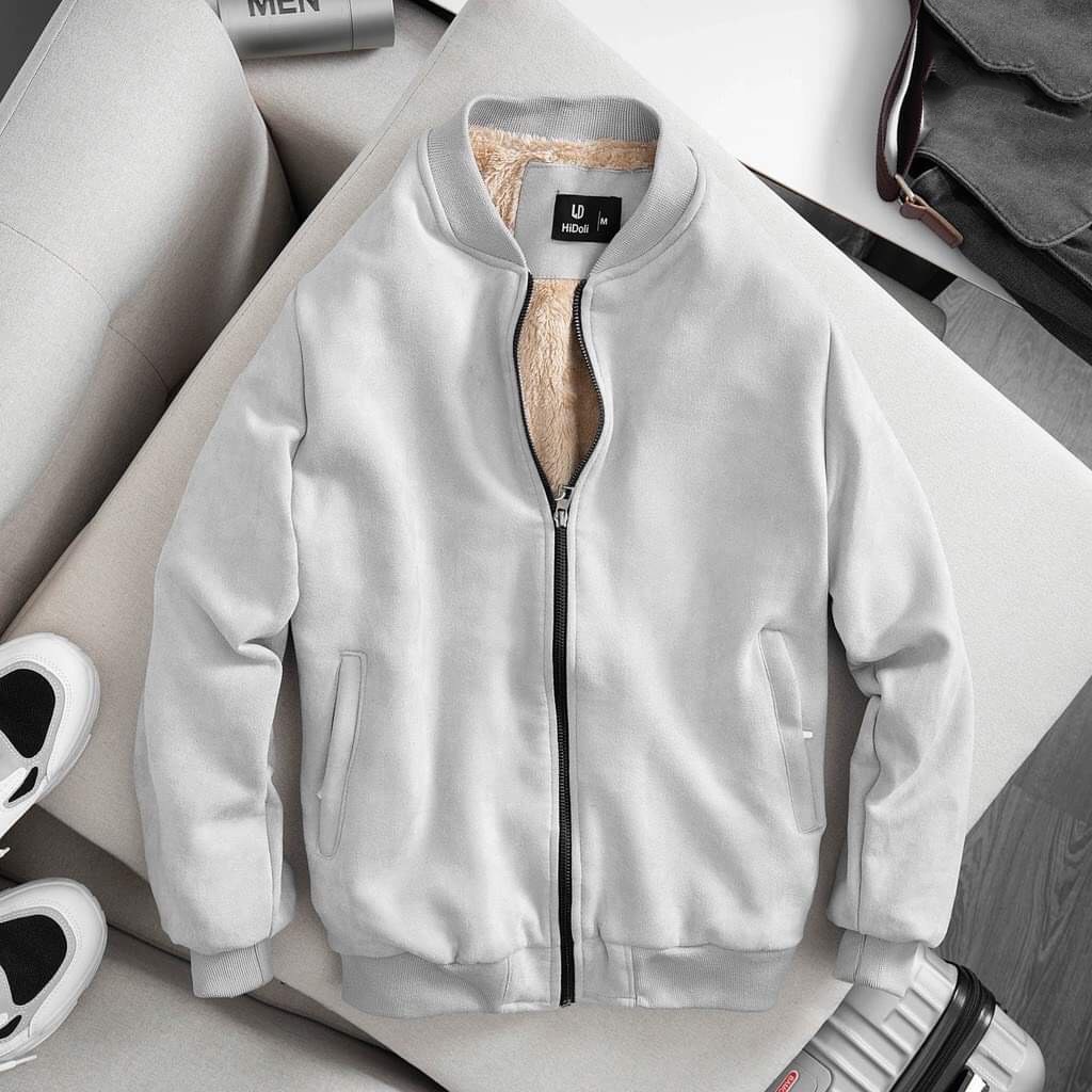 Áo bomber nam da lộn, khoác nam lót lông thời trang 4 màu đen than ghi vàng bò