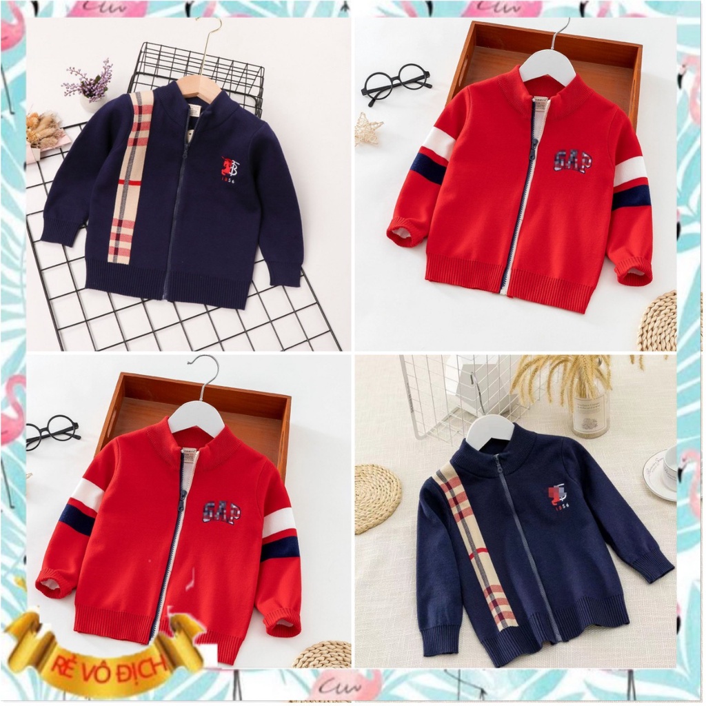 Áo khoác len cho bé 2 lớp thêu chữ, Áo len cardigan bé trai 3-8 tuổi kéo khoác đanh sợi không bai xù