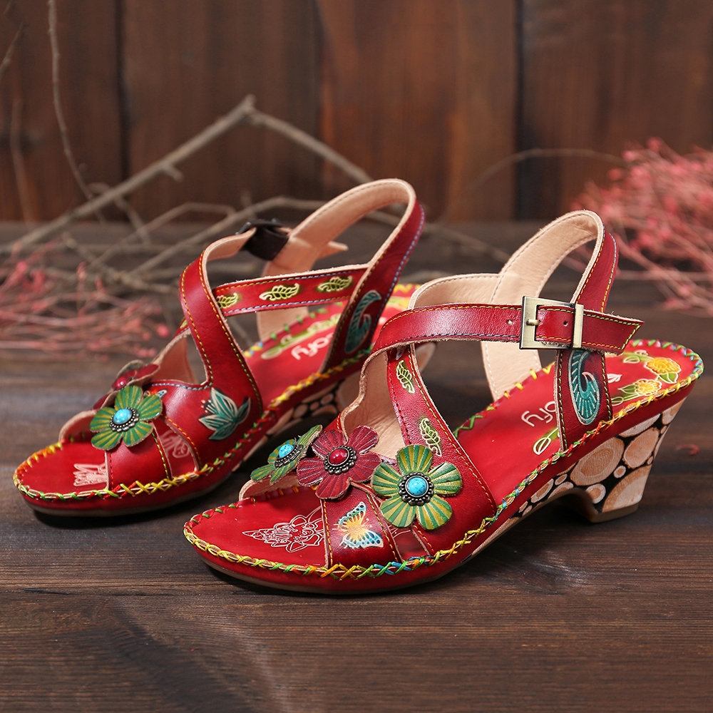 Giày sandal da thật thêu hoa vintage cho nữ