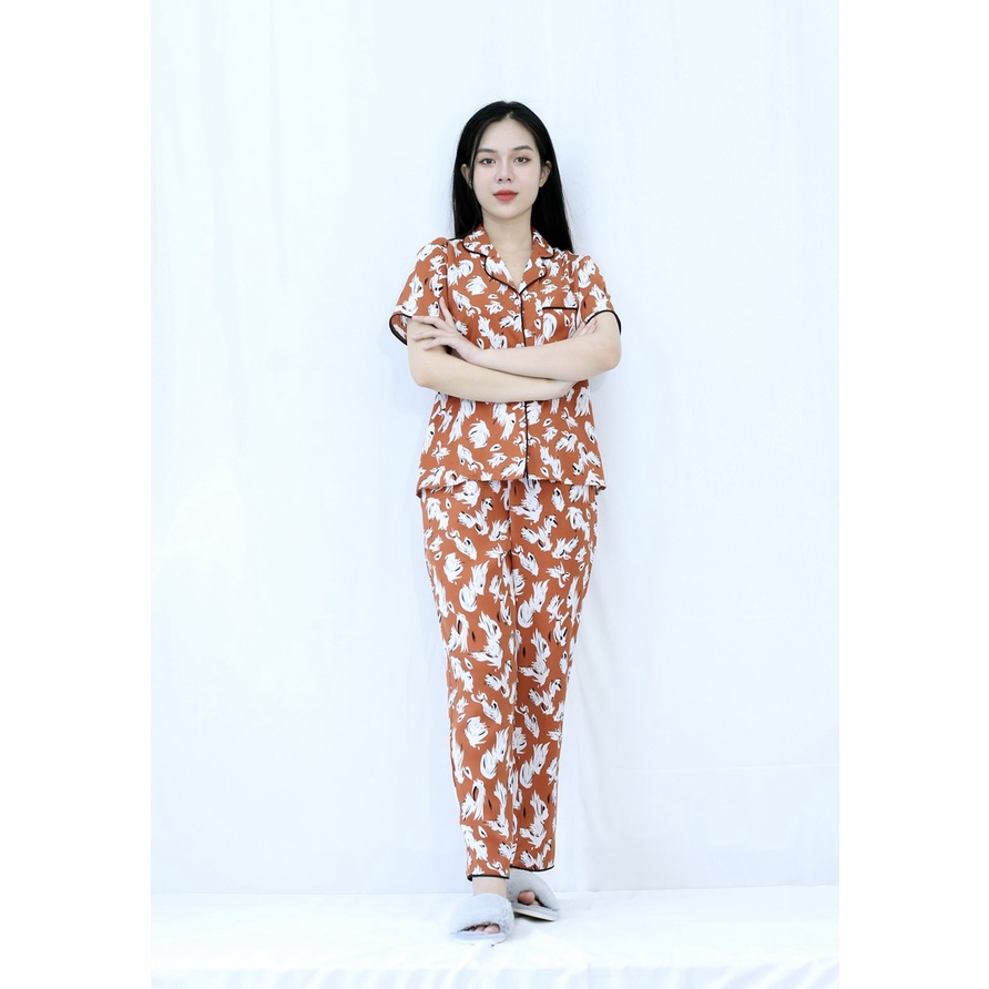 Bộ đồ Pijama nữ quần dài tay ngắn MÀU NÂU CAM CÁNH CHIM TRẮNG - SIÊU XINH - vải lụa COTTON - Cực Kì Sang Chảnh