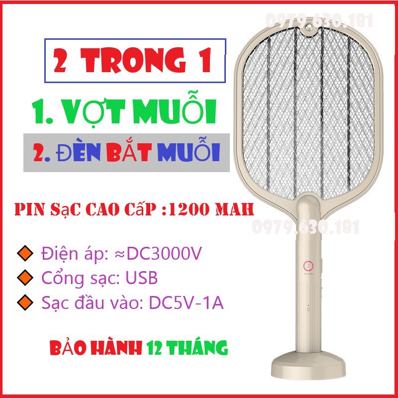 [Mã LTP50 giảm 50000 đơn 150000] Vợt Muỗi Kiêm Đèn Bắt Muỗi HAKAIO BH-12 Tháng 2 IN 1 Pin sạc cao cấp 1200 mah - 1 đổi 1