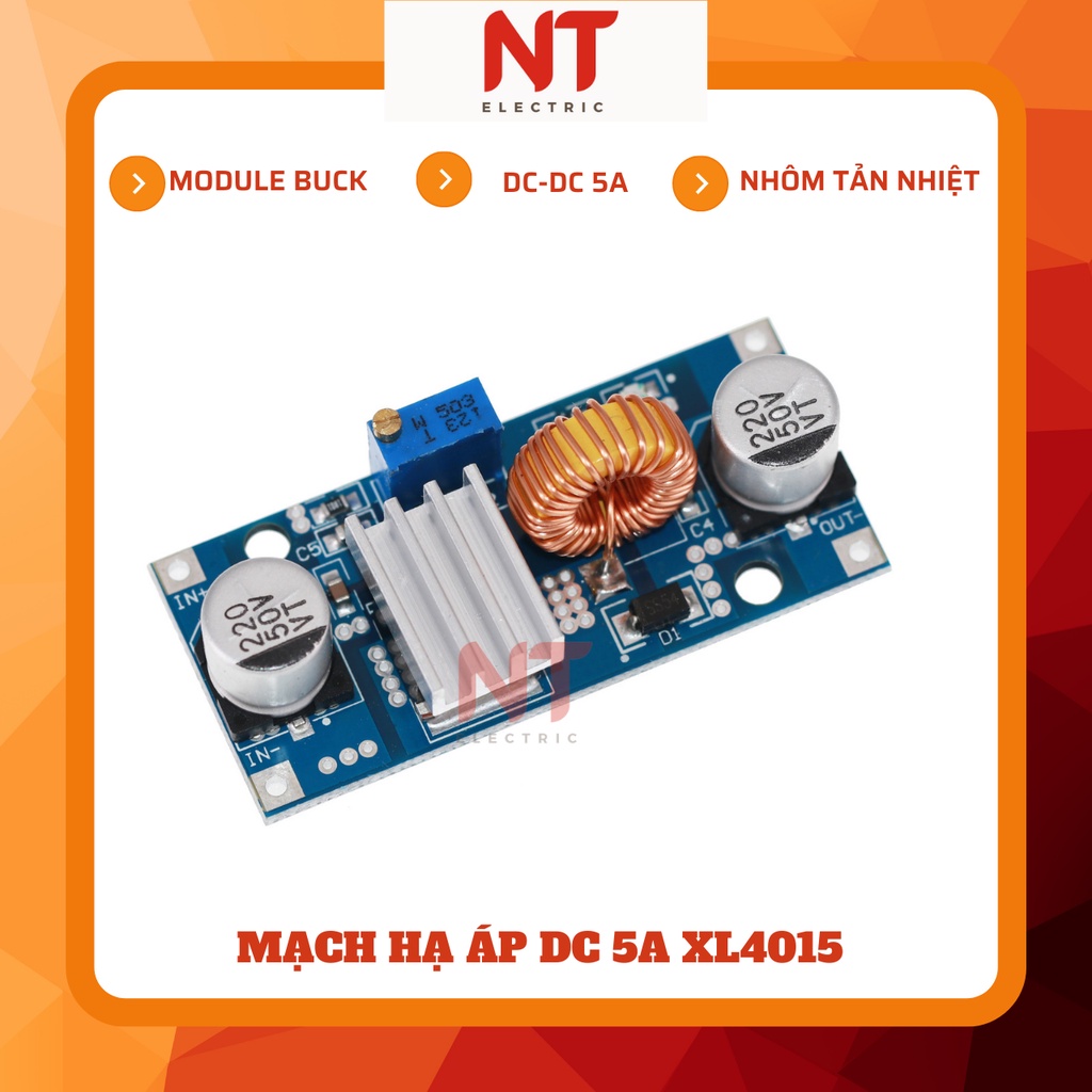 Mạch hạ áp DC 5A XL4015, có kèm nhôm tản nhiệt cho IC