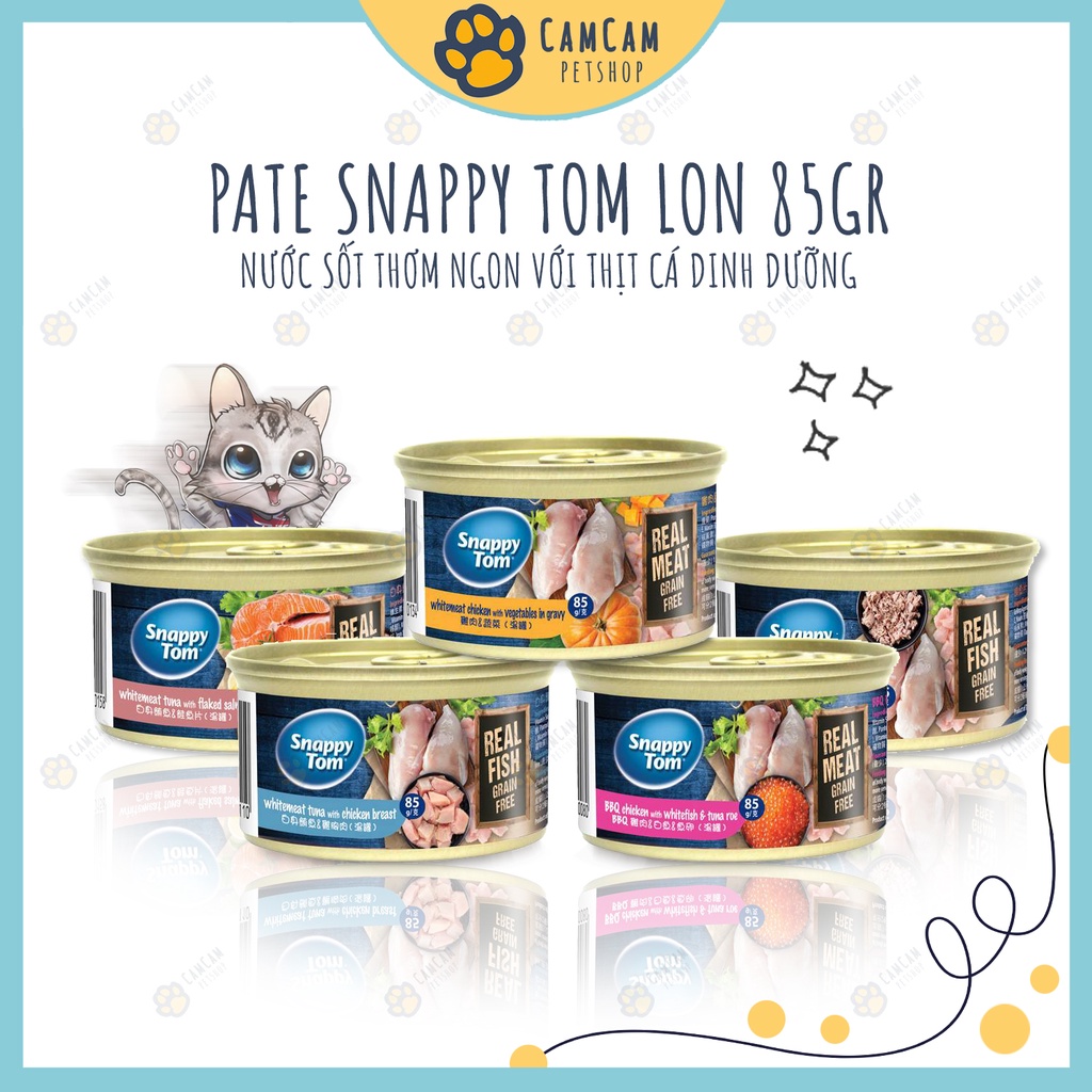 Pate cho mèo Snappy Tom Premium lon 85gr - Pate Snappy Tom cho mèo, Thức ăn cho mèo với miếng thịt và nước sốt thơm ngon