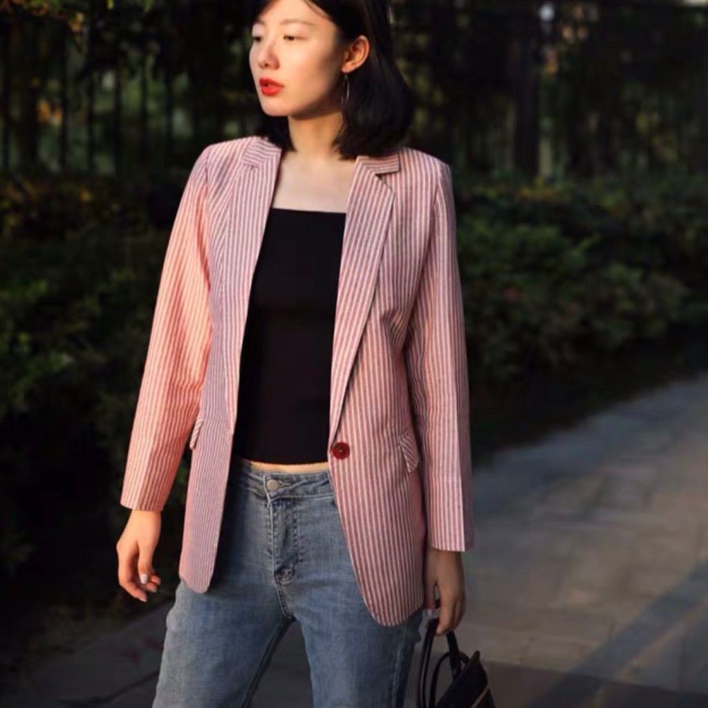 [ORDER]Vest Blazer Linen Sọc Đỏ Dài Tay