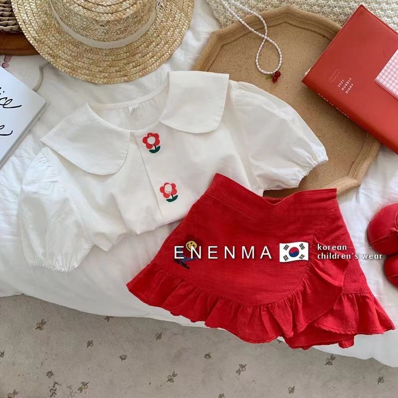 Girls' summer clothes suit 2022 new fashionable short-sleeved baby girls' summer doll shirt skirt two-piece suit fashionable