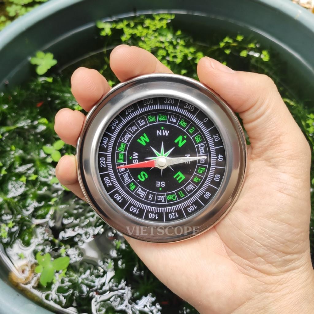 La bàn thân inox lớn 77mm xác định hướng trong xây dựng, phong thủy