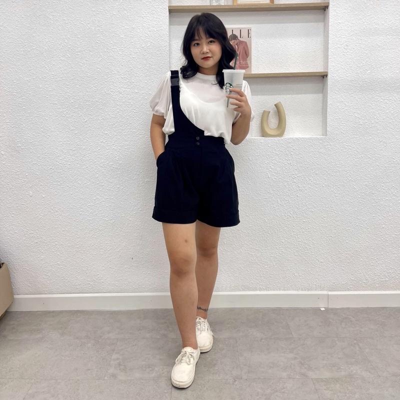 Set yếm quần nữ ngắn Kaki có giãn áo thun tay phồng bigsize MUP Bigsize YEM01