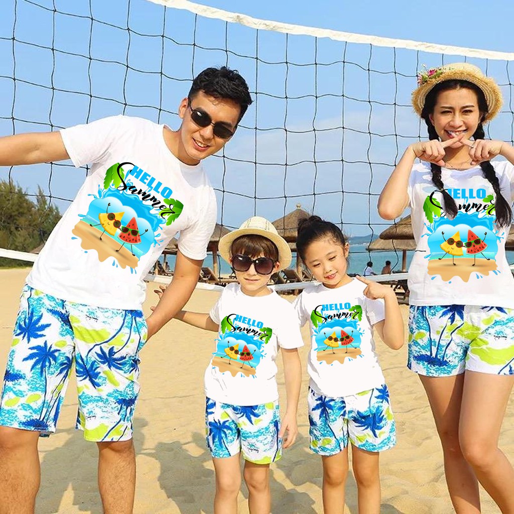 set gia đình đi biển áo hello summer quần cây dừa vải Thái siêu mềm , giá siêu rẻ