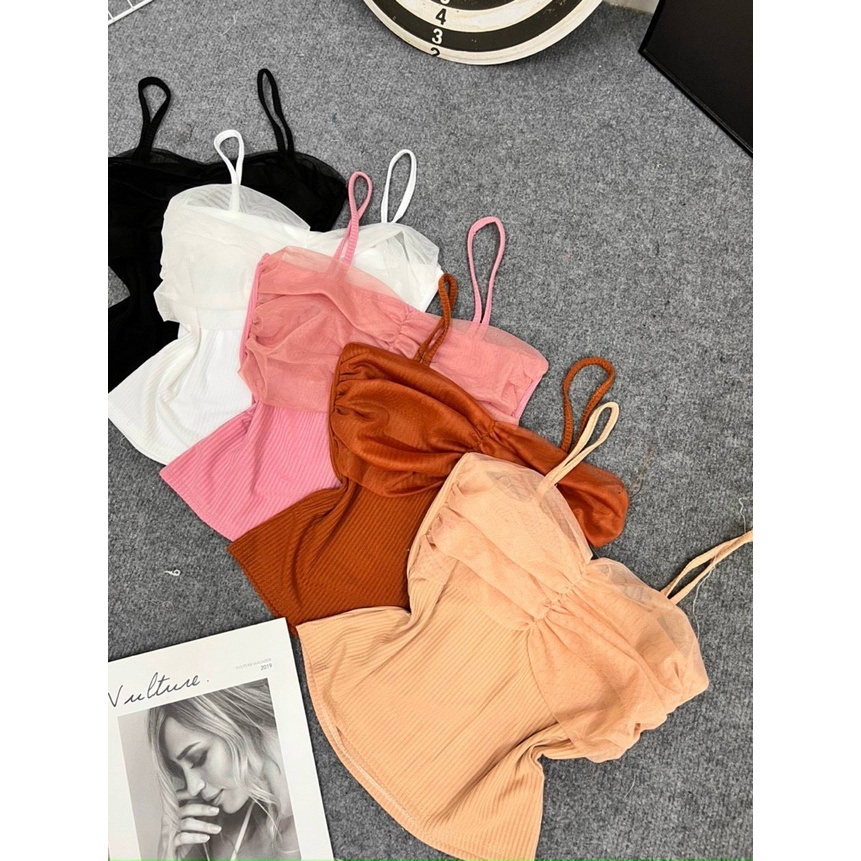 Áo nữ 2 dây thun gân phối voan nhúm ngực hot