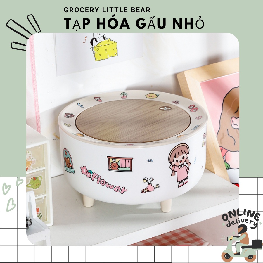 Thùng rác tròn mini nắp bật vân gỗ để bàn học, decor trang trí siêu xinh