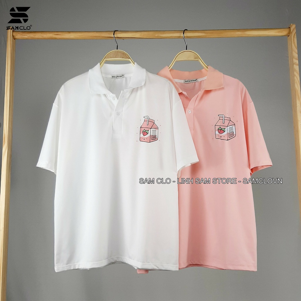 Áo thun Polo tay lỡ form rộng nữ SAM CLO phông freesize unisex mặc đi học, nhóm, lớp in hình HỘP SỮA TRÁI DÂU