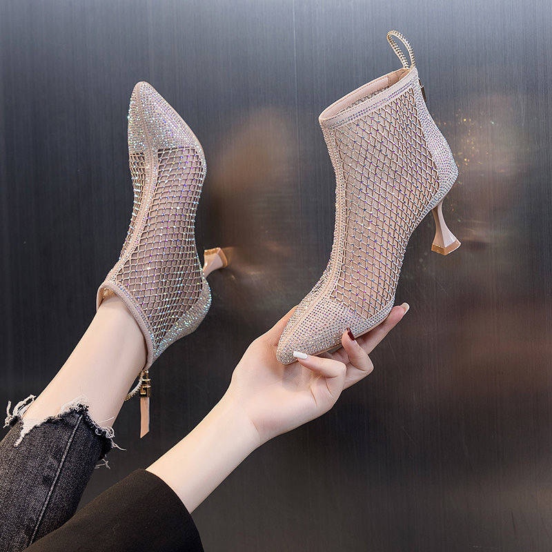 Giày Bốt Martin Cao Gót Phối Lưới Đính Đá Thoáng Khí Thời Trang Xuân Hè Phong Cách Hàn Quốc 2022 Cho Nữ