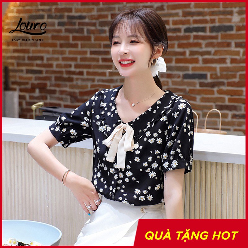Áo kiểu nữ công sở Louro L222,có ảnh thật, mẫu áo bánh bèo họa tiết hoa cúc, cổ bẻ thắt nơ 💝