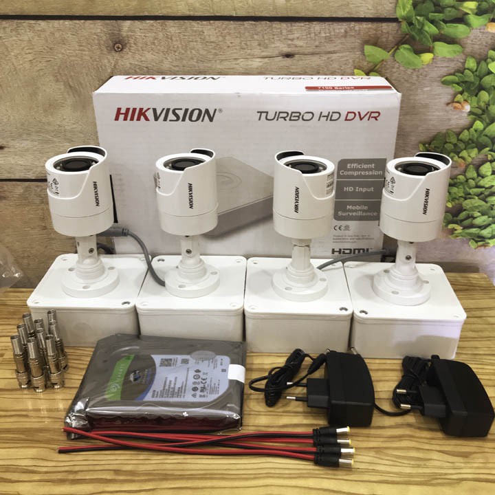 Trọn bộ 04 camera 2MP Hikvision vỏ nhựa DS-2CE16b2-IPF, hồng ngoại 20m, đầy đủ phụ kiện