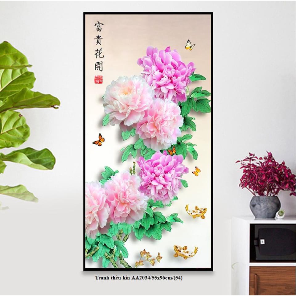 tranh thêu chữ thập hoa mẫu đơn aa2034 (55x96) cm