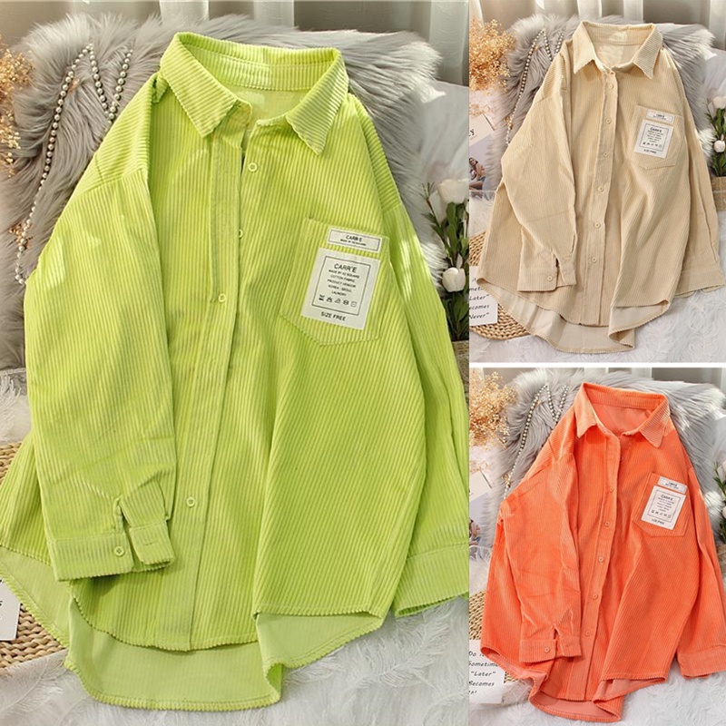 Áo Sơ Mi Nhung Kẻ Tay Dài Dáng Rộng Màu Xanh Dạ Quang Phong Cách Hàn Quốc Dành Cho Nữ