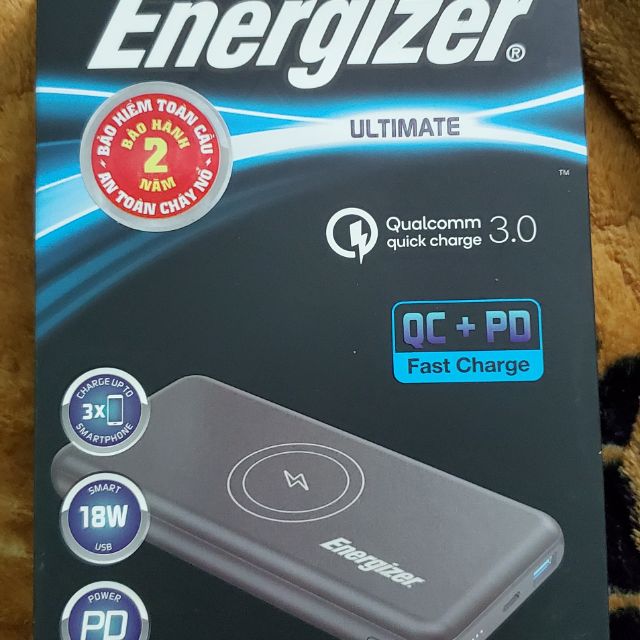 Sạc dự phòng kiêm sạc không dây Energizer 10000mAh . Công nghệ sạc nhanh quickcharge 3.0 + chuẩn sạc PD delivery