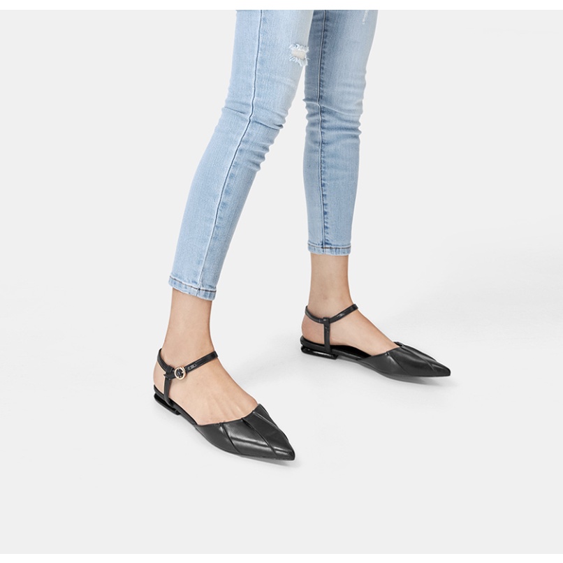 Giày Búp Bê Nữ Thời Trang 3cm JUNO Mũi Nhọn Mặt Giày Xếp Ly Cách Điệu BB03079