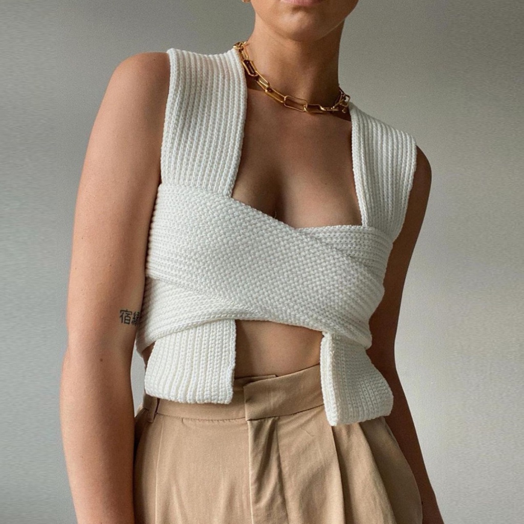 Áo Croptop Dệt Kim Sát Nách Trễ Vai Màu Trắng Đen Phong Cách Đường Phố Quyến Rũ