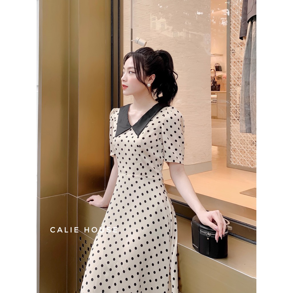 Váy xòe chấm bi cổ nhọn thời trang công sở Calie House V215