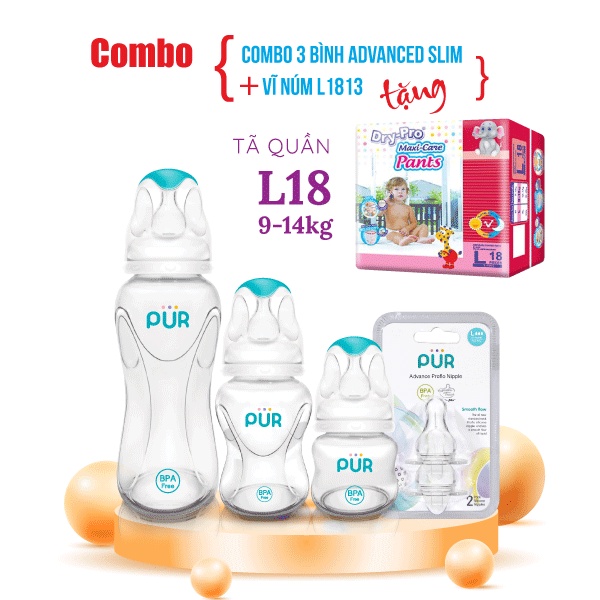 Combo 3 bình sữa Pur Advanced 60ml, 125ml, 250ml + 1 vỉ núm L + tặng gói tã bỉm cho bé