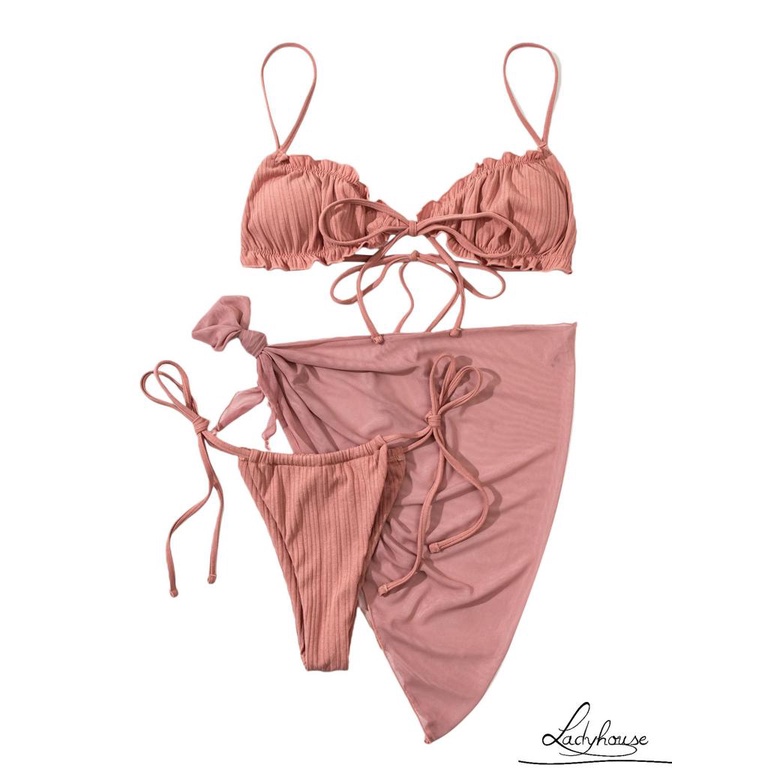 Ld-bộ Đồ Bơi Bikini Hai Mảnh Màu Trơn Với Diềm Xếp Nếp + Quần Lót Ren Lưới Xuyên Thấu Cho Nữ