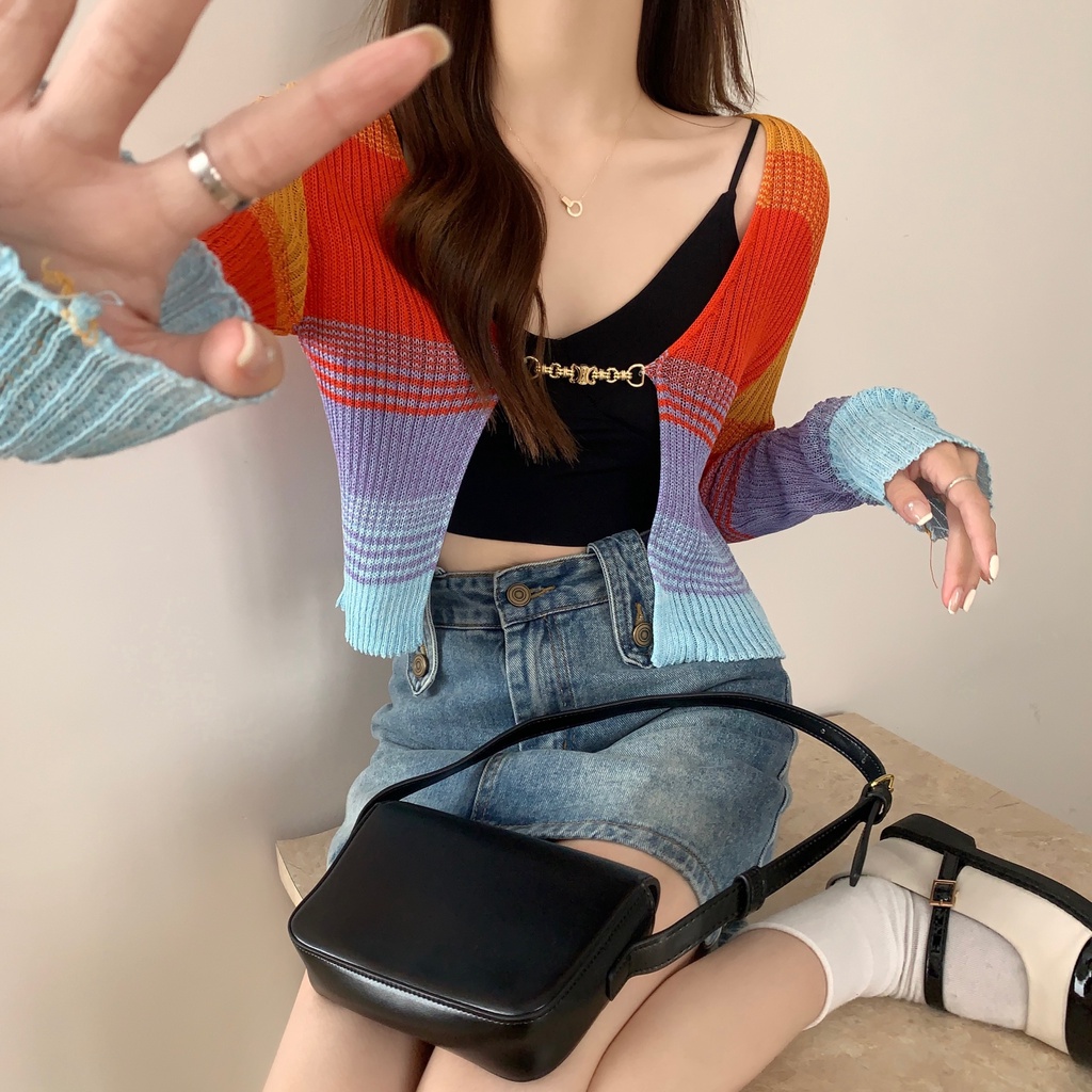 Áo Khoác Cardigan Dệt Kim Mỏng Màu Sắc Cầu Vồng Tương Phản Thời Trang Mùa Hè Cho Nữ