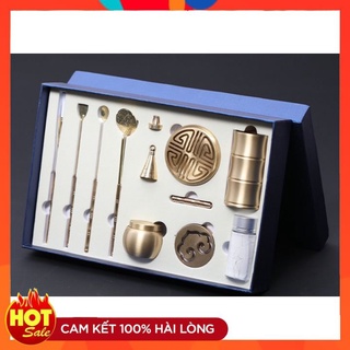 Bộ dụng cụ cao cấp xông trầm hương bằng đồng [Tặng 1 hộp bột dẫn nhiệt lót]  thiết kế tinh xảo thu hút tài lộc