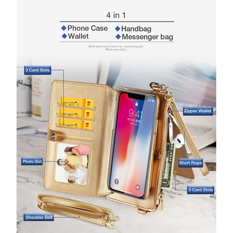 Bao da màu vàng đa năng có thể dùng như túi đeo nhỏ đựng thẻ tiện dụng cho iPhone 6 6s 7 8 plus X