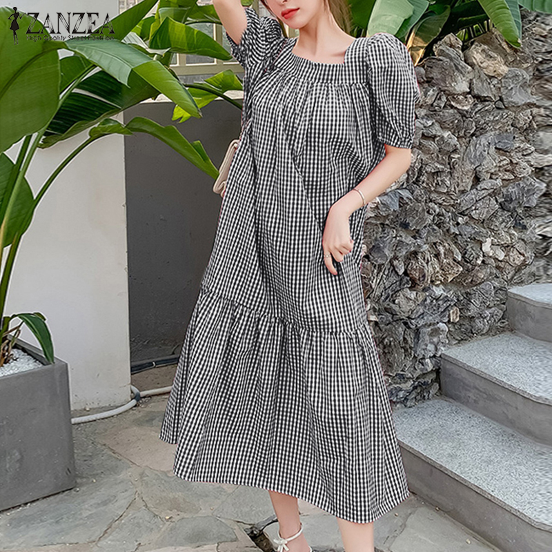 Đầm ZANZEA maxi tay ngắn cổ vuông phồng in sọc caro cho nữ