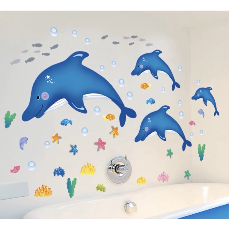 Decal dán tường đàn cá heo dễ thương , trang trí phòng tắm.