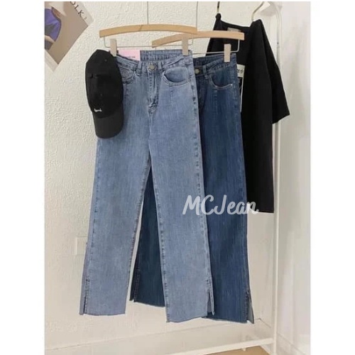 Quần bò nữ ống đứng cạp cao co dãn bốn chiều đàn hồi xanh nhạt MCJean