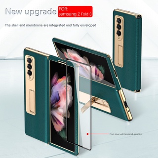 Ốp điện thoại da nắp gập có viền mạ cứng với giá đỡ và mặt kính cho Samsung Galaxy Z Fold 3 5g