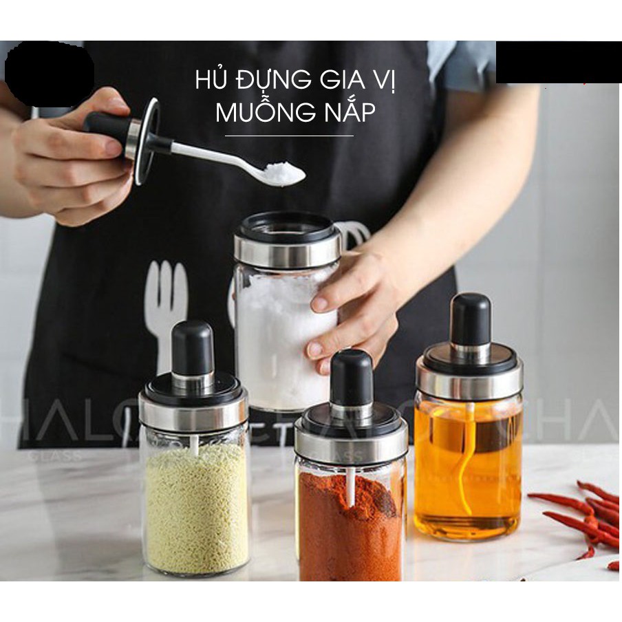 Combo Lọ Hũ Thủy Tinh Đựng Gia Vị Kèm Muỗng Nắp Nhựa 250ml giá rẻ