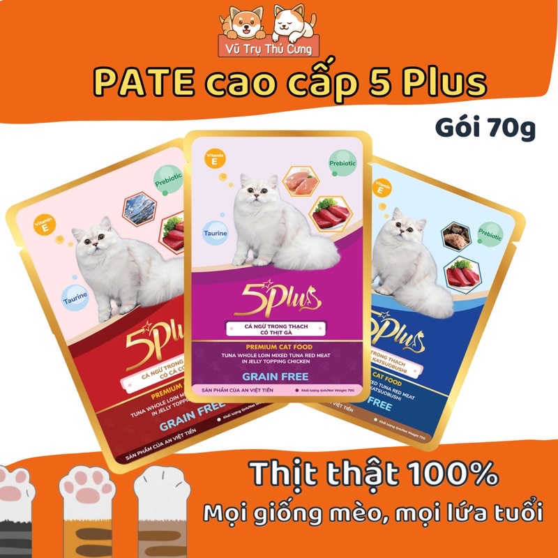 Pate cao cấp 5 PLUS Cho mèo mọi lứa tuổi 70gram, thức ăn ướt cho mèo 5PLUS