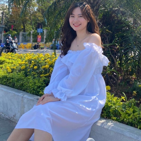 Áo váy trễ vai trắng 2 lớp tiểu thư - Váy ren bèo ngực nhiều lớp , tay bồng xuyên thấu nữ - Chất liệu đũi mềm mịn xinh